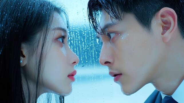 Corporate Showdown in K-drama Style, characters engage in a tense confrontation, glossy lighting enhances the mood, rain-soaked glass adds drama and depth to the scene