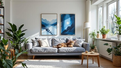 Cozy Living Room with Elegant Sofa, Scenic Artwork, Indoor Plants, and Relaxed Dog