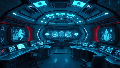 Obraz premium Futuristic Control Room with Screens and Consoles