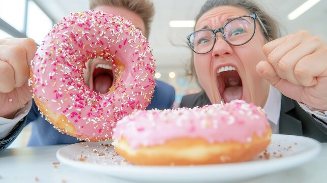 Business Dispute Over Donut, two businesspeople engaged in a heated argument, expressive faces showcasing frustration and surprise, crumbs scattered on the table, tension in the air