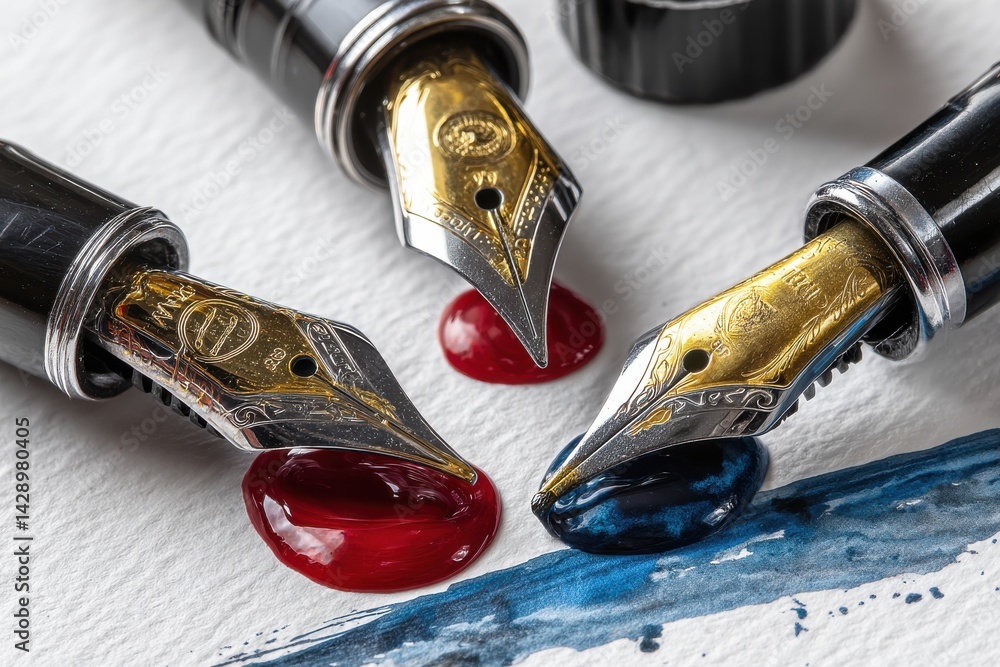 Poster close-up of three fountain pens with their nibs resting on ink drops in red and blue colors on textu