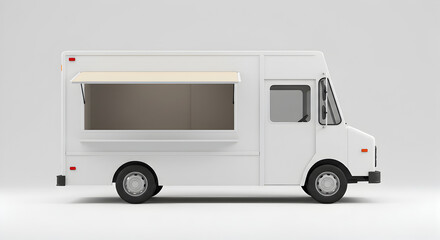 Naklejka premium White Food Truck Illustration with Awning Detail Urban Mobile Kitchen and Delivery Vehicle on Isolated Background
