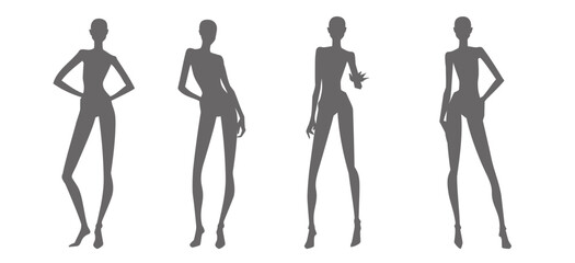 Female fashion silhouette figure templates. Full-length standing different poses front, side, back views woman body fashion design. Technical drawing shape. Vector sketch line printable illustration