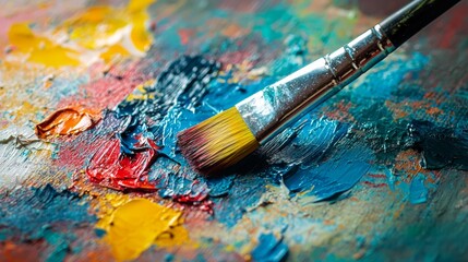 Fototapeta premium Colorful paintbrush with bright acrylic texture on canvas