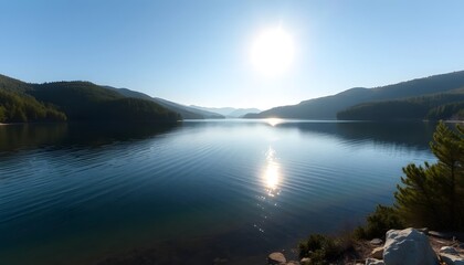 Beautiful Lake Surrounded by Forest Mountains on Clear Day