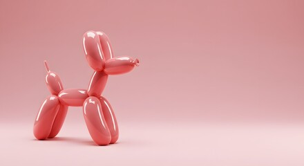 AI image features a shiny pink balloon dog sculpture standing against a plain, matching pink background, creating a modern, playful aesthetic.