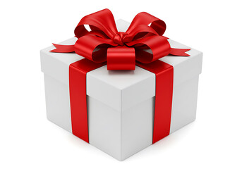 Obraz premium Elegant White Gift Box with Red Ribbon and Bow isolated on white background.