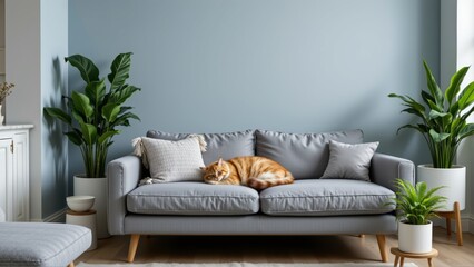 Cozy Living Room with Soft Couch, Stylish Plants, and Relaxed Orange Cat on a Serene Background