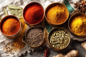 An overhead shot showcases an assortment of aromatic spices in golden bowls, arranged artfully on a textured cloth surface, creating a vibrant and flavorful culinary scene.