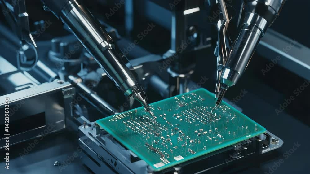 Poster precision electronics assembly process with circuit board and robotic arm tools in modern manufactur