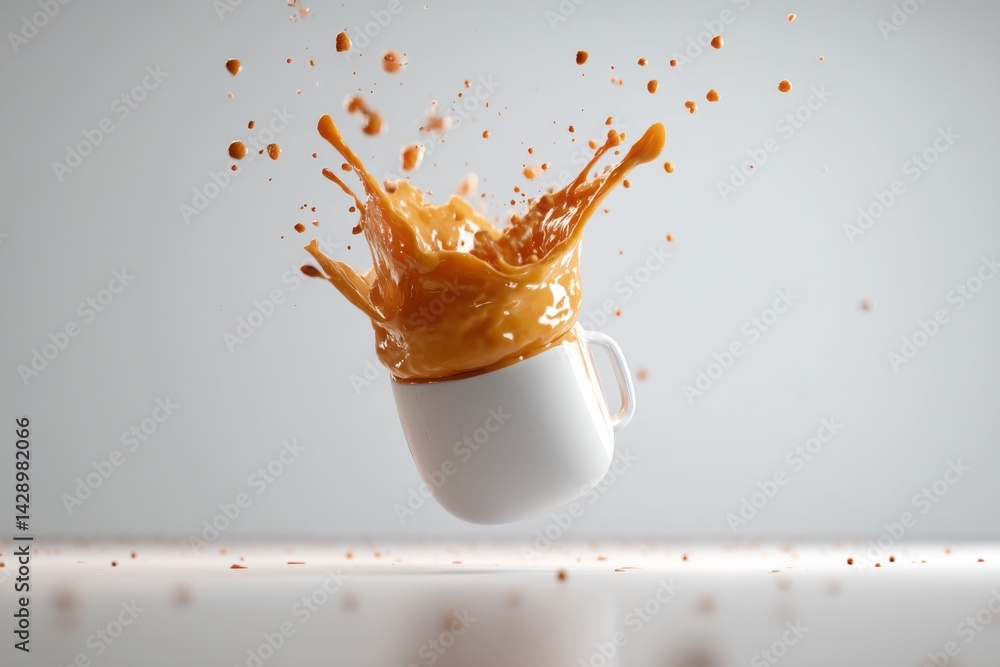 Poster an elegant image of coffee or tea spilling over a white mug, creating a dynamic splash with droplets
