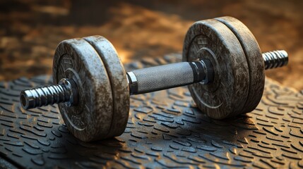 Fototapeta premium A hyper-realistic close-up of a single adjustable dumbbell resting on a textured rubber mat crisp details contrast high-definition