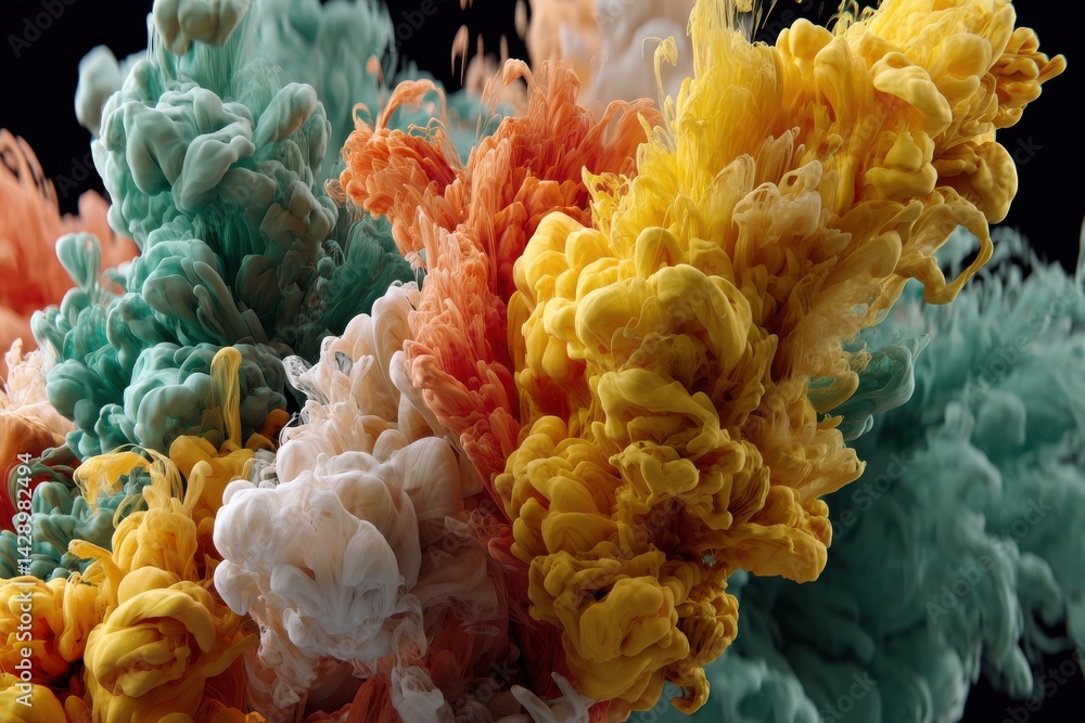 Poster a vibrant explosion of colorful inks merging in water, creating swirling abstract patterns, the dyna