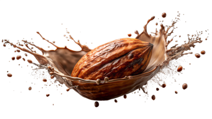 A delicious brown chocolate splash, a sweet cocoa liquid drop melting on transparent background