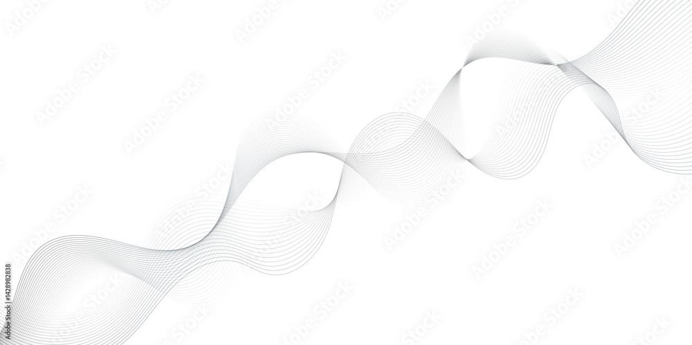 Poster Abstract grey, white smooth element swoosh speed wave modern stream background. Wave with lines created using blend tool. Abstract frequency sound wave lines and twisted curve lines background.	