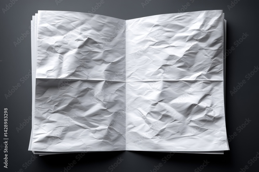 Poster a close-up shot of an open notebook with blank, crumpled paper pages, creating a textured surface, p