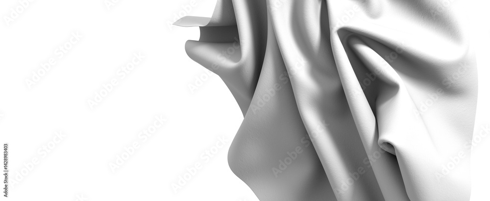 Poster A white fabric drapes gracefully, creating a smooth and abstract texture. The folds and waves of the material are highlighted by soft shadows, creating a sense of movement and depth.