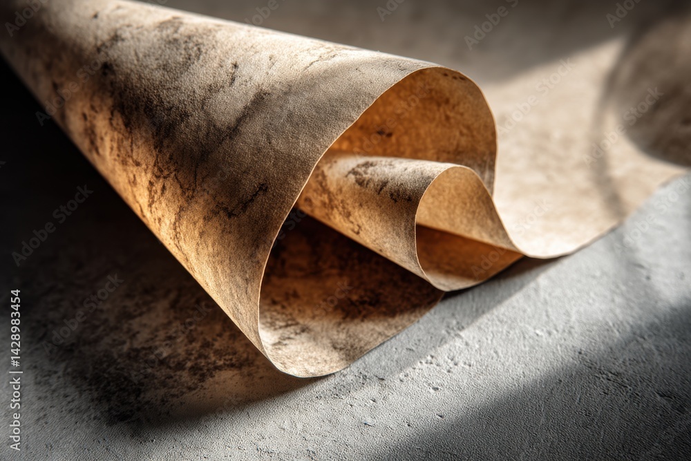Poster a close-up of a curled textured paper roll with mottled pattern, creating an abstract and artistic c
