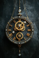 Giant clock face with Roman numerals and diamond accents against gray background