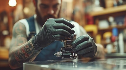 Mechanic meticulously working on a small engine