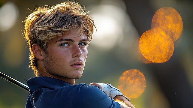 Concentrating as he swings his club, a young blond male golf player in a glove and blue polo shirt is on a green golf course with a blurred background.