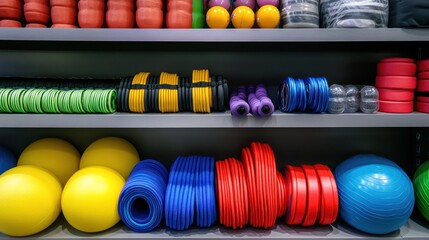 A neatly arranged gym rack filled with colorful resistance bands foam rollers and stability balls fitness-themed environment