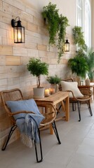 Obraz premium Modern wooden terrace adorned with rattan chairs and green plants, illuminated by garlands, ideal for a cozy summer evening relaxation