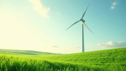 Fototapeta premium Serene landscape featuring a wind turbine gracefully positioned amidst rolling green hills under a bright sky.