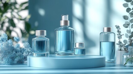 cosmetic scientific skincare background materials podium display with glass flask laboratory 3d rendering background