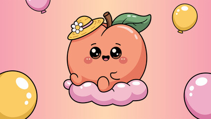 Kawaii and cute peach mascot with summer attributes and balloon decoration