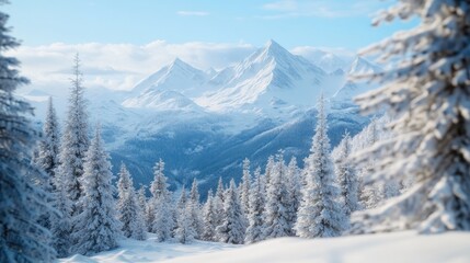 Fototapeta premium Snowy mountain vista, winter forest, serene landscape