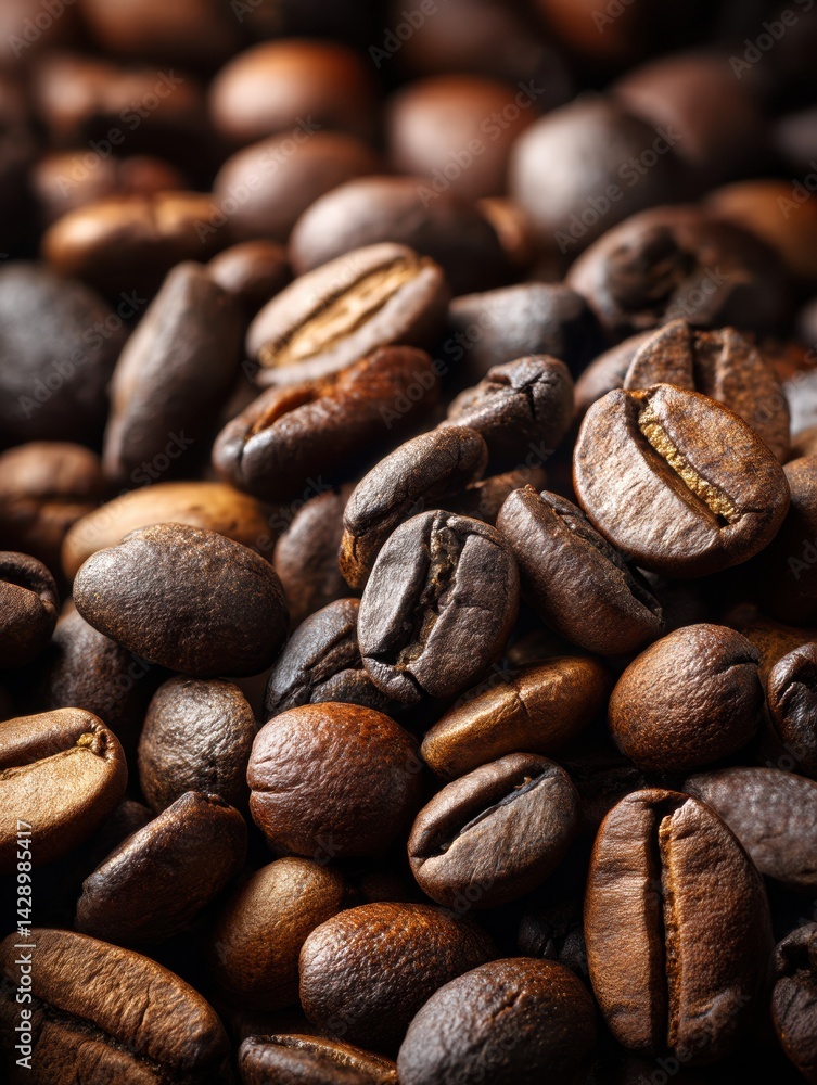 Poster close-up view of coffee beans showcasing rich textures and deep brown tones for coffee enthusiasts