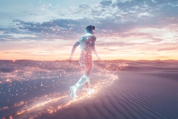 Futuristic athlete running through glowing digital desert at sunrise. His body is made of light and data, of future mobility and smart delivery.