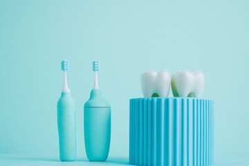 Minimalist photo of white tooth model on a light blue background. focused on preventive care and professional dentistry.