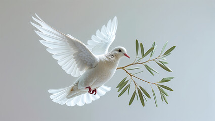 Fototapeta premium White dove flying with olive branch symbolizing peace and hope in the sky
