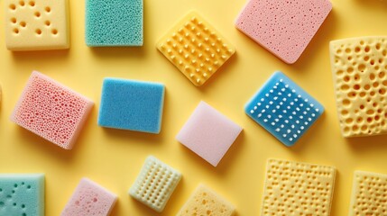 Colorful assorted sponges in various shapes and textures