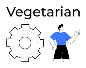 Gear icon beside a person in blue shirt pointing, conveying simplicity and logical thinking. Ideal for vegetarianism, wellness, innovation, tech, organization, healthy lifestyle, simple landing page