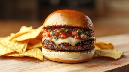 Grilled burgers tortilla chips salsa feast Juicy burger with salsa and chips on a wooden surface.