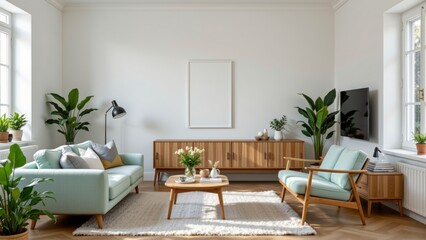 Modern minimalist living room with wooden furniture, soft colors, and decorative plants