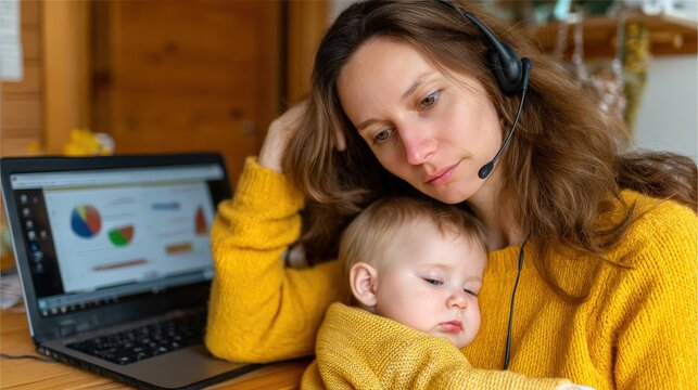 Busy mother working from home while caring for her sleeping baby in cozy sweater with computer in background