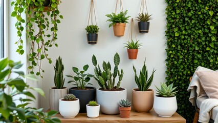 Fototapeta premium Indoor Garden with Various Potted Plants and Greenery Against a Bright Wall