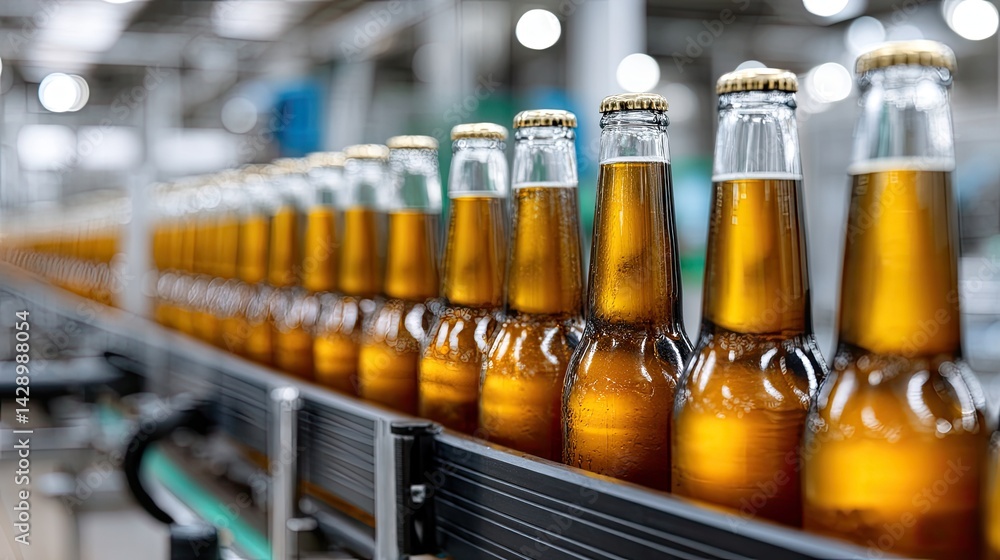 Poster beer bottles move along a production line in a modern factory showcasing an organized and efficient 