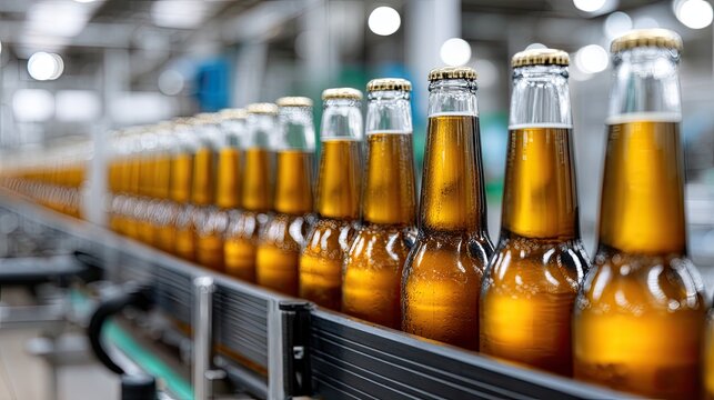 Beer bottles move along a production line in a modern factory showcasing an organized and efficient manufacturing process