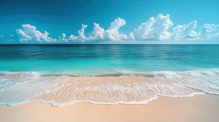 Creating a perfect background for travel and holiday-related content, a white sand beach meets calm turquoise ocean water under a clear blue sky on a beautiful sunny summer day.