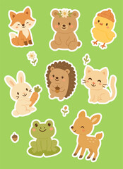 Fototapeta premium Baby animal set stickers. Design for print and decoration child clothe or books. Hand drawn baby characters and flowers. Vector illustration on green background. Hight quality baby animals