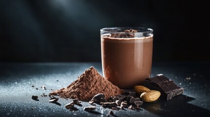 A rich chocolate protein shake with protein powder cocoa nibs and almond milk beautifully arranged on a gym counter soft spotlight effect