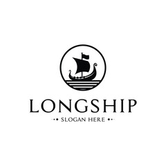 longship viking boat logo design concept with vector label circle