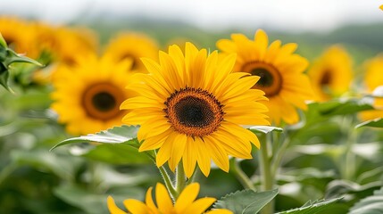 Obraz premium Vibrant sunflower standing tall in a field under bright blue sky surrounded by green foliage on a sunny day