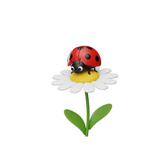 Ladybug Crawling on Daisy Flower in 3D Rendering