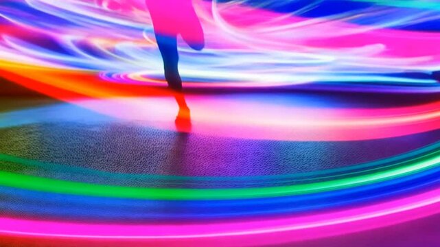 Silhouette of running person surrounded by colorful neon light trails in motion blur with glowing dynamic energy. Seamless looping 4K time-lapse animation video background. Technology concept